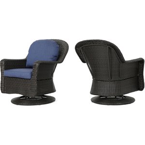 noble house liam outdoor wicker swivel chair navy blue cushion (set of 2)