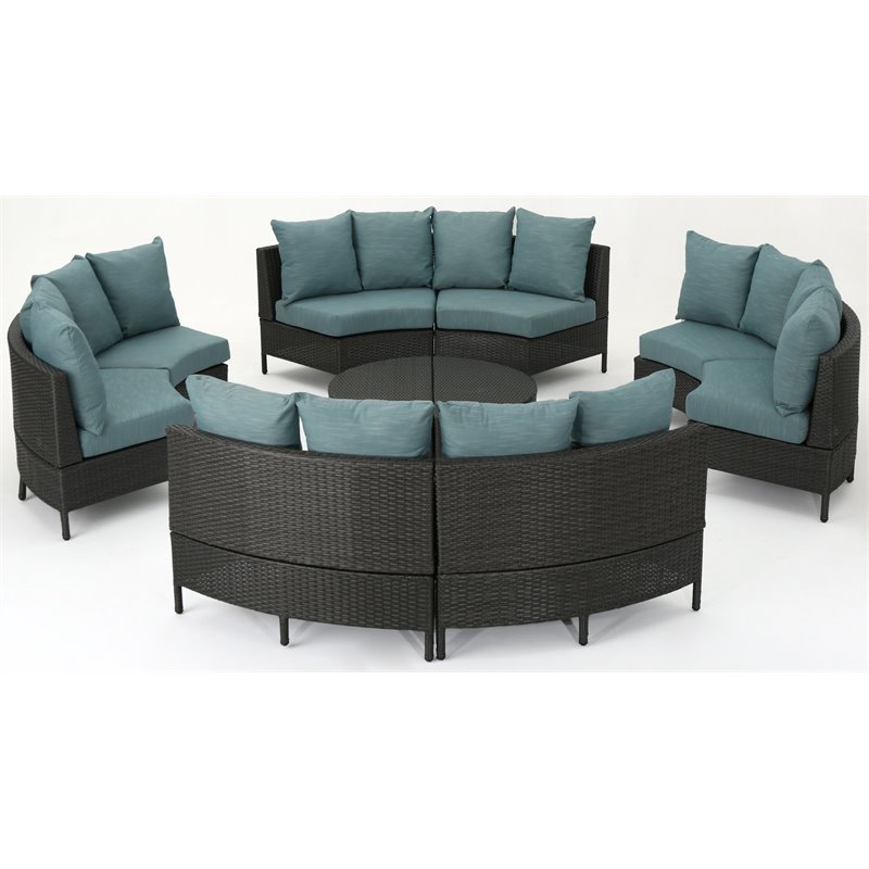 Noble House Newton 8 Seater Round Wicker Sectional Sofa Set Gray/Teal