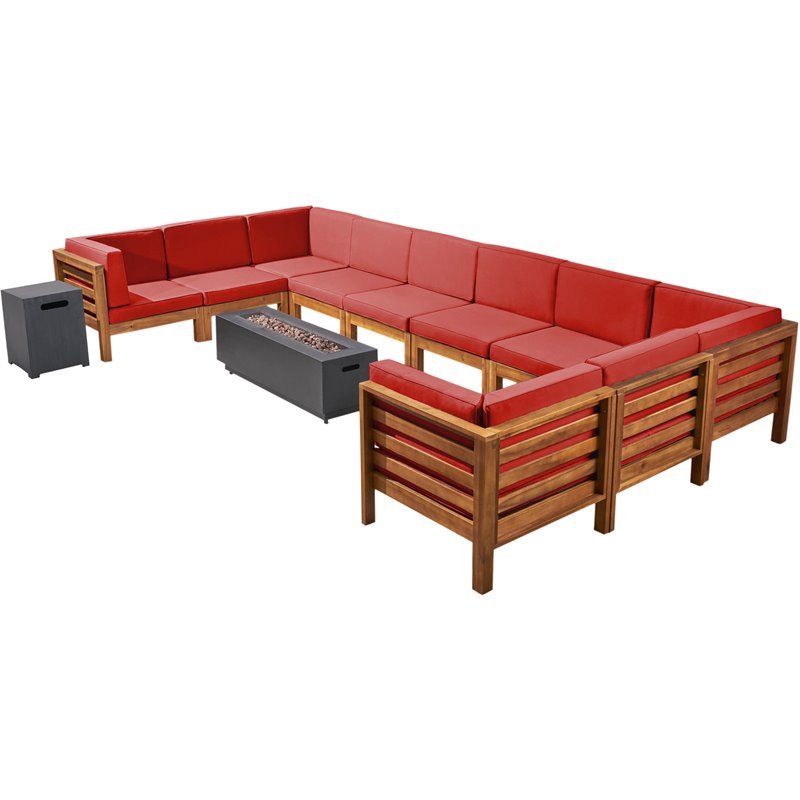 Malawi 12pc UShaped Sectional Sofa Set Cushions Teak with Red and Dark Gray
