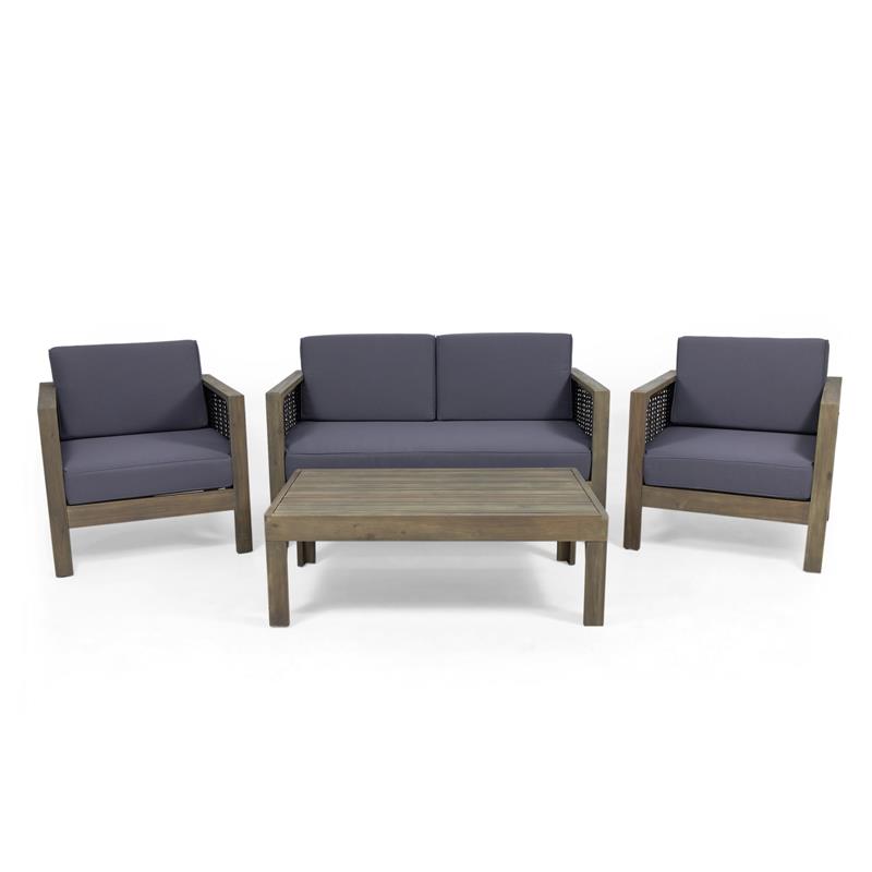 Noble House Linwood 4-Seater Acacia Wood Patio Chat Set in Gray/Dark Gray