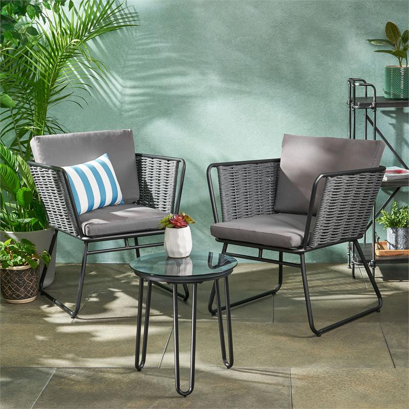 Noble House La Jolla Modern Outdoor Rope Weave Chat Set with Side Table  Black