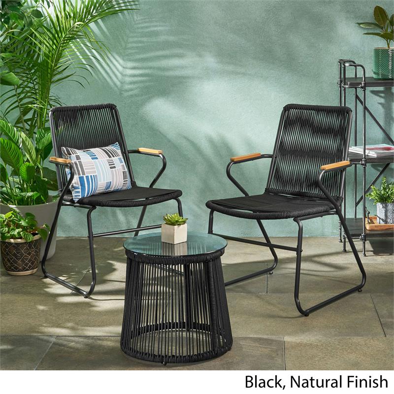 Noble House La Jolla Metal Outdoor Side Table with Tempered Glass Top in  Black
