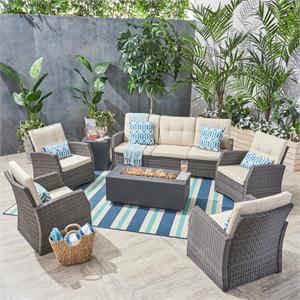 noble house sanger outdoor 7 seater chat set w/ fire pit brown