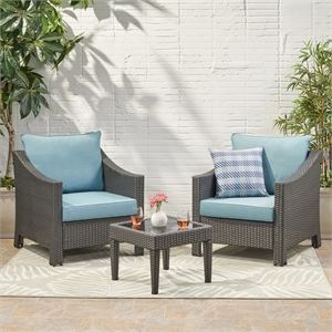 noble house antibes outdoor 3 piece chat set in gray/teal cushions