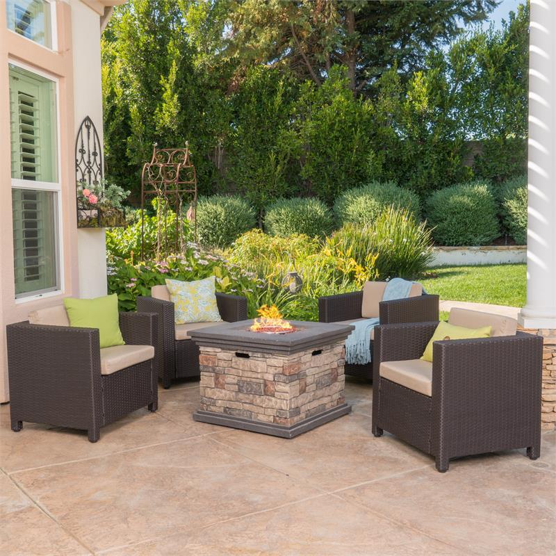 Noble House Puerta Outdoor 4 Pc Brown Club Chair Set w Square