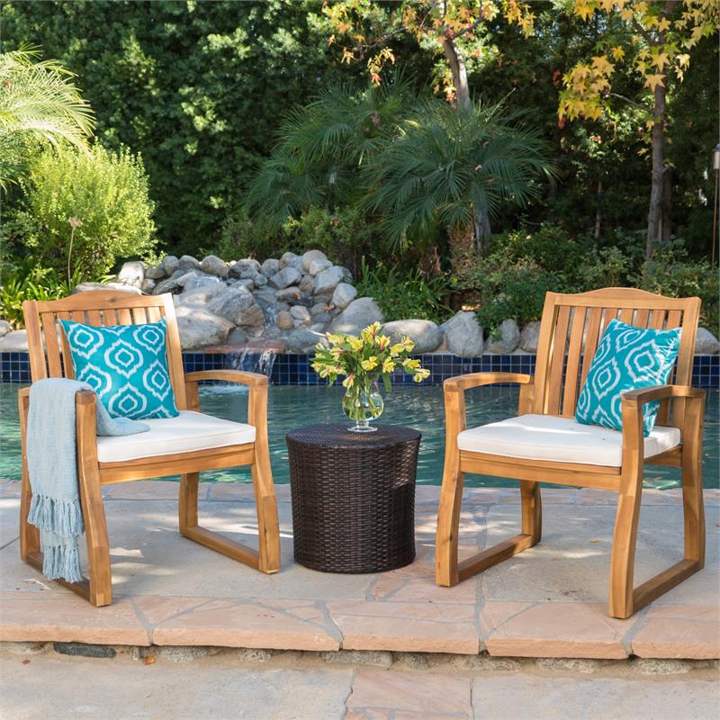Noble House Tampa Outdoor Acacia Wood 3 Pc Chat Set w/ Round Table