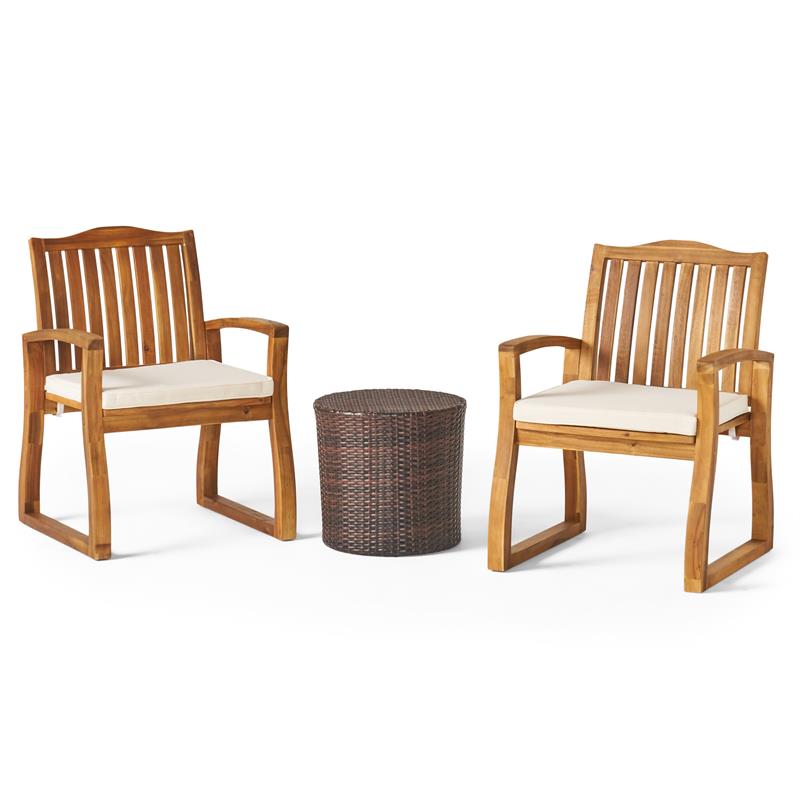 Noble House Tampa Outdoor Acacia Wood 3 Pc Chat Set w/ Round Table