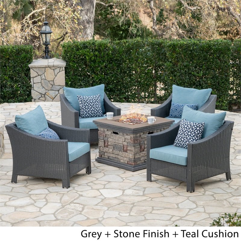 Noble House Antibes Outdoor 5PC Club Chairs with Fire Pit in Gray