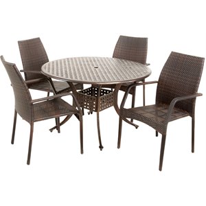 noble house libson 5 piece cast aluminum wicker round patio dining set in bronze