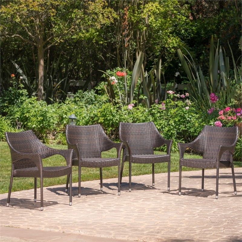 Noble House Mirage Wicker Stacking Patio Dining Arm Chair in Mocha Set of 4 Homesquare