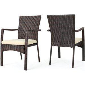 noble house corsica wicker patio dining arm chair in brown (set of 2)