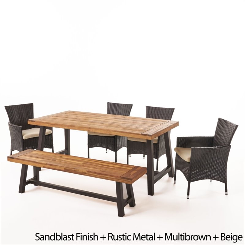 Noble House Linden 6 Piece Rustic Metal Wood Top Patio Dining Set in Sandblast