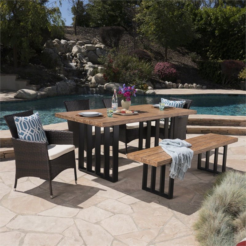 Noble House Brenner 6 Piece Concrete Top Patio Dining Set in Natural Oak