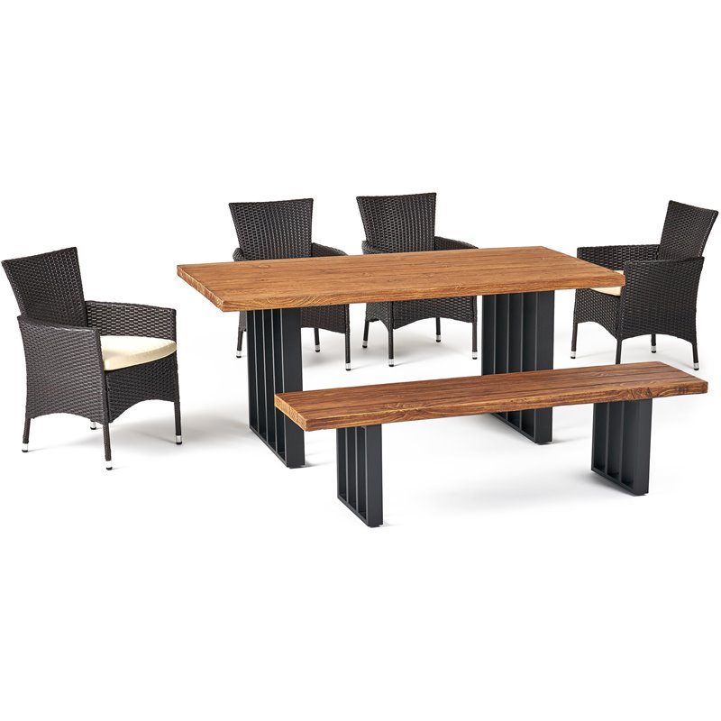 Noble House Brenner 6 Piece Concrete Top Patio Dining Set in Natural Oak