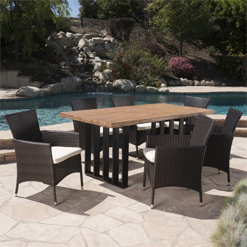 Noble House Brenner 7 Piece Concrete Top Patio Dining Set in Natural Oak