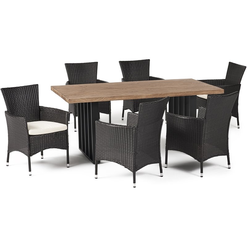 Noble House Brenner 7 Piece Concrete Top Patio Dining Set in Natural Oak