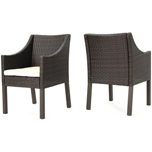noble house antibes wicker patio dining arm chair in brown and beige (set of 2)