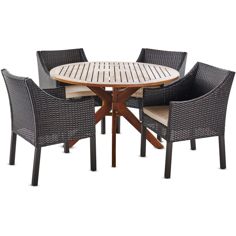Noble House Owen 5 Piece Wooden Round Patio Dining Set in Teak and