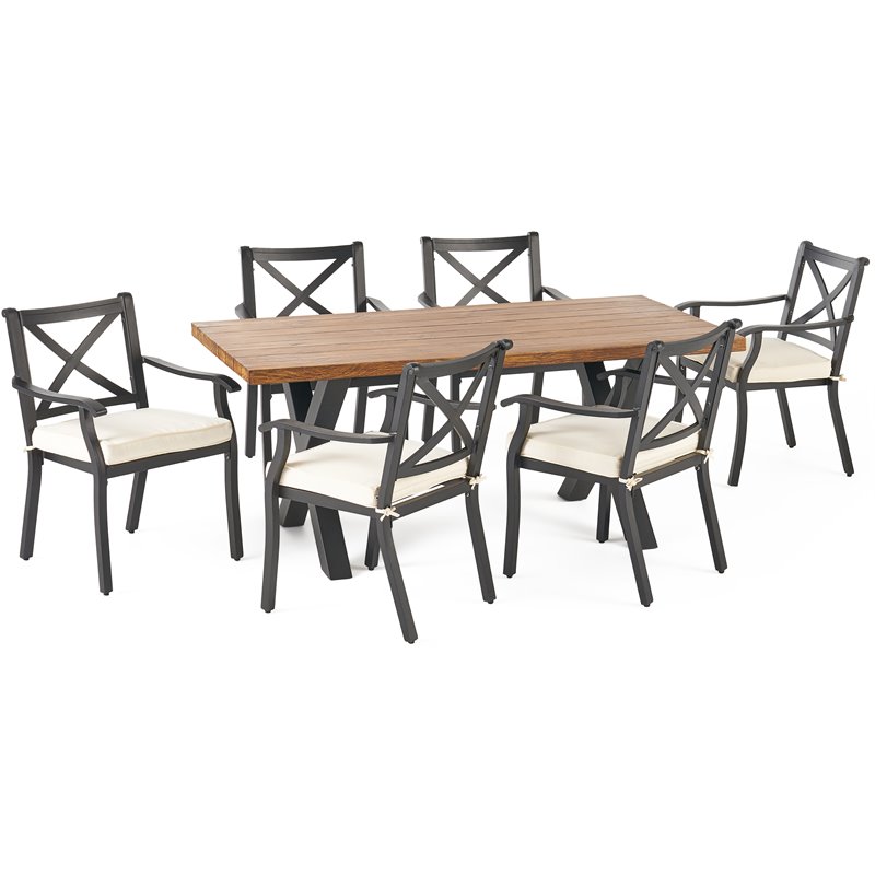 Noble House Sebastian 7 Piece Concrete Top Patio Dining Set in Brown Walnut Cymax Business
