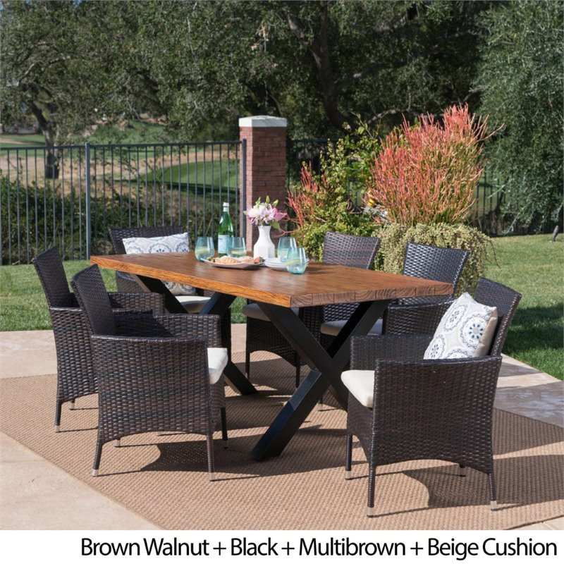 Noble House Eric 7 Piece Concrete Top Patio Dining Set in Brown Walnut