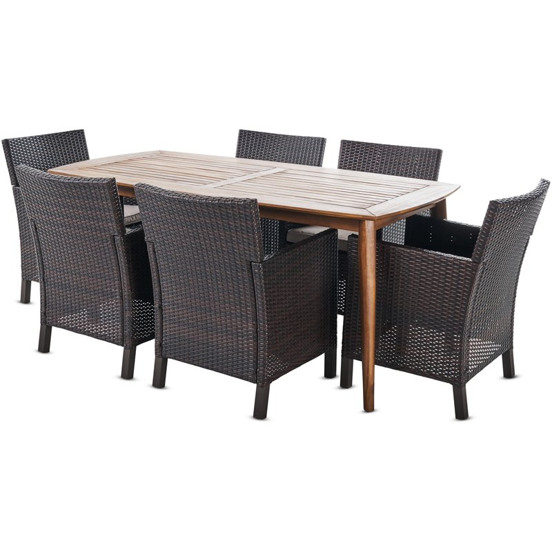Noble House Reese 7 Piece Wooden Round Patio Dining Set in Teak