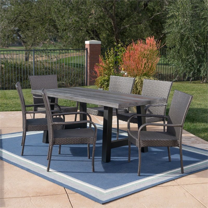 Noble House Morrison 7 Piece Concrete Top Patio Dining Set in Natural Gray