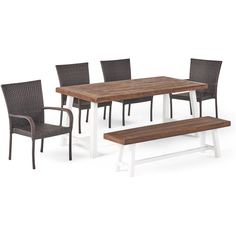 Noble House Cooper 6 Piece Wood Top Patio Dining Set in Dark Brown