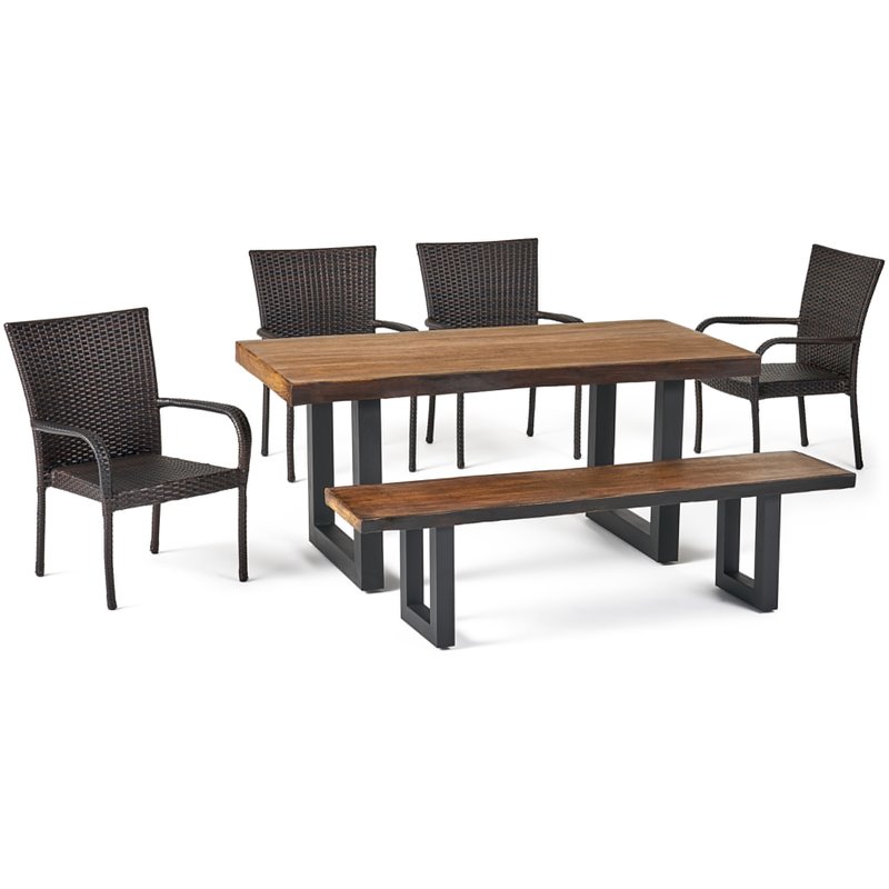 Noble House Feinberg 6 Piece Concrete Top Patio Dining Set in Antique Teak