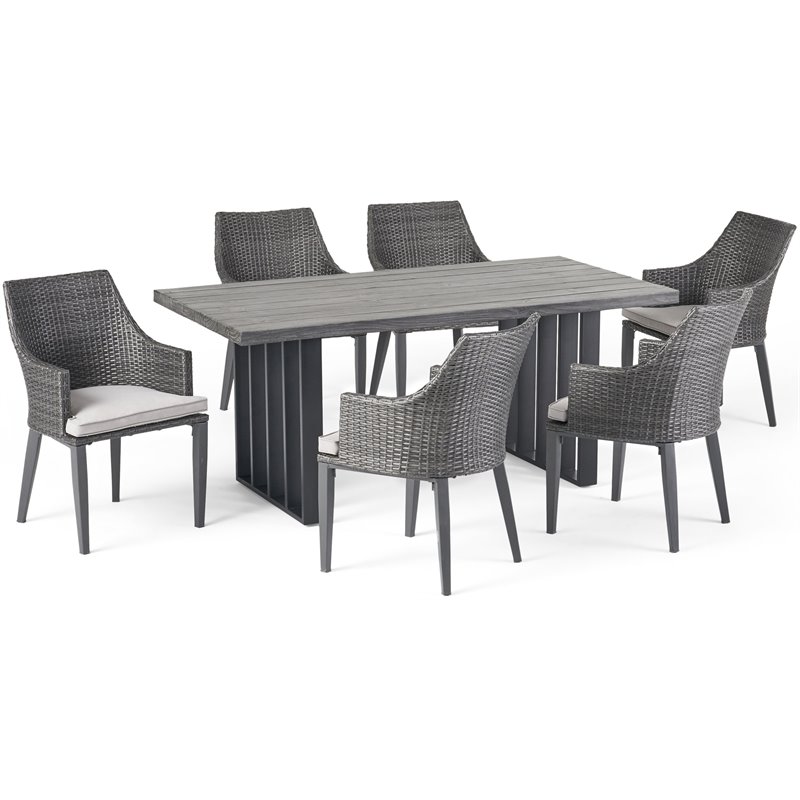Noble House Cruella 7 Piece Concrete Top Patio Dining Set in Gray Oak