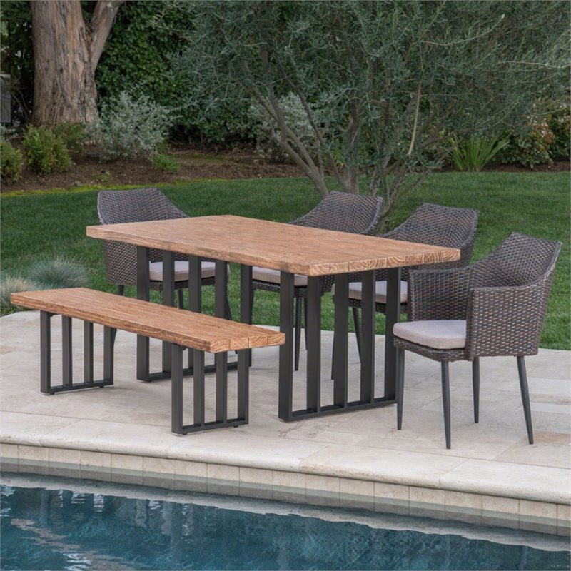 Noble House Micah 6 Piece Concrete Top Patio Dining Set in Natural Oak