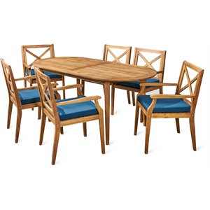 noble house pines 7 piece wooden patio dining set in teak and blue