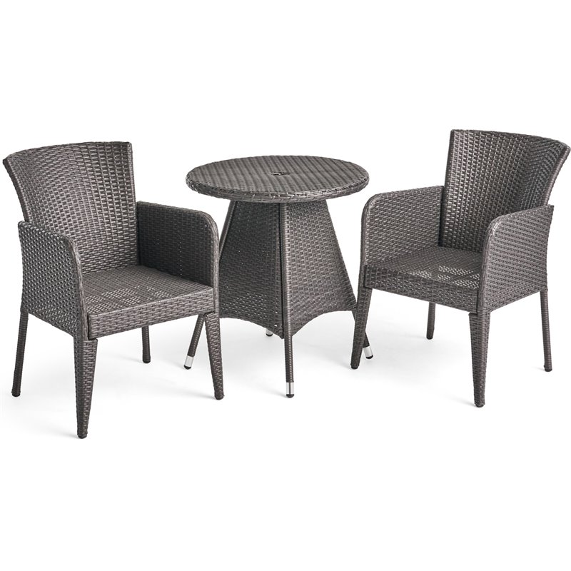 Noble House Corsica 3 Piece Wicker Patio Bistro Set in Gray