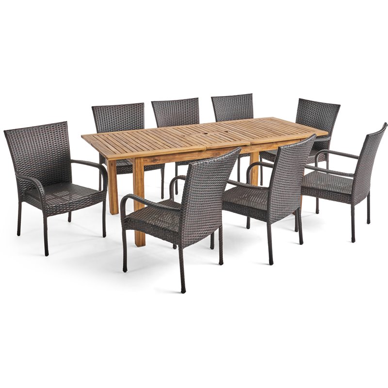 Noble House Hayes 9 Piece Wooden Expandable Patio Dining Set in Natural