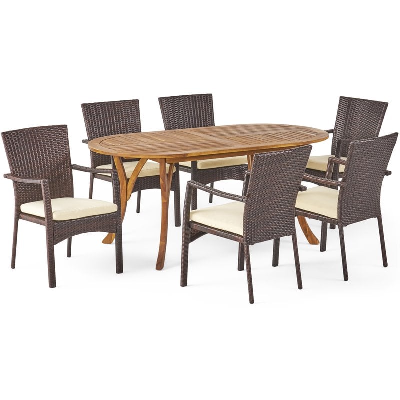 Noble House Landon 7 Piece Wooden Patio Dining Set in Teak | BushFurnitureCollection.com