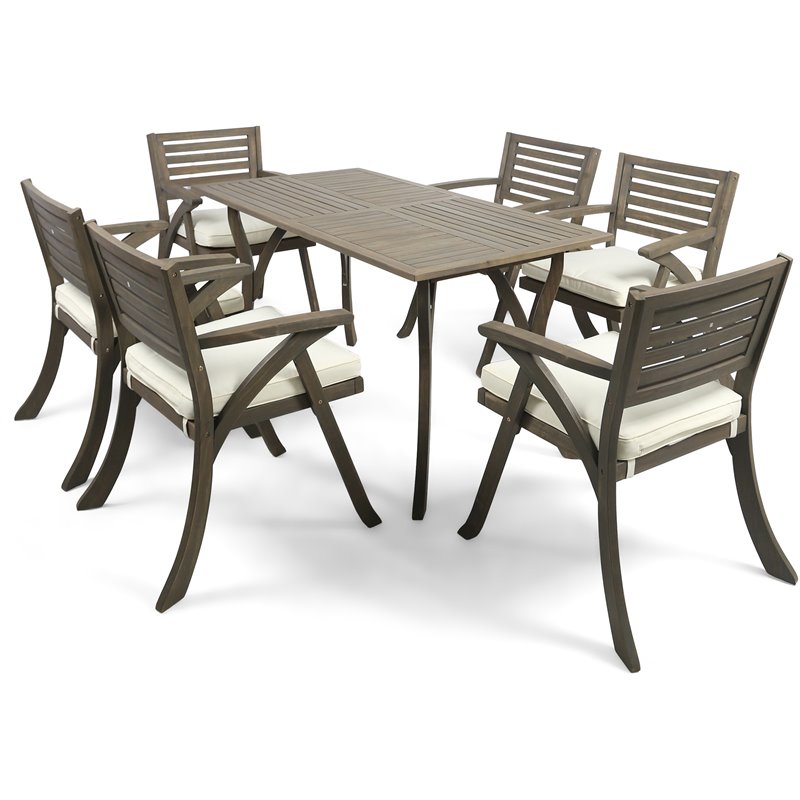 Noble House Hermosa 7 Piece Wooden Patio Dining Set in Gray
