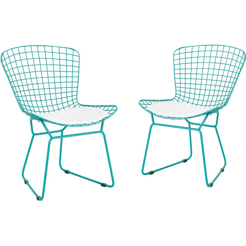 Noble House Tyson Metal Patio Dining Side Chair in Teal and White (Set of 2