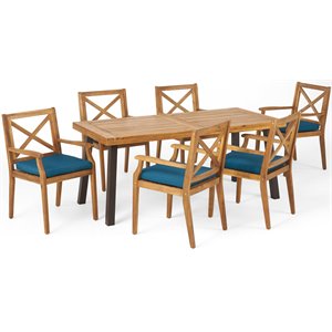 noble house juniper 7 piece wooden patio dining set in teak and blue