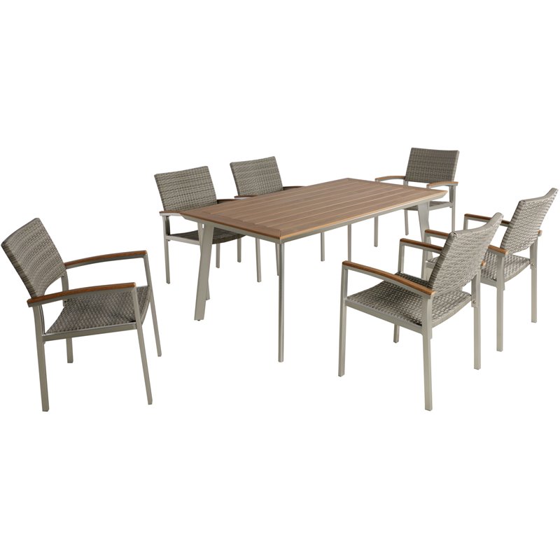 Noble House Waldorf 7 Piece Faux Wood Top Patio Dining Set in Silver