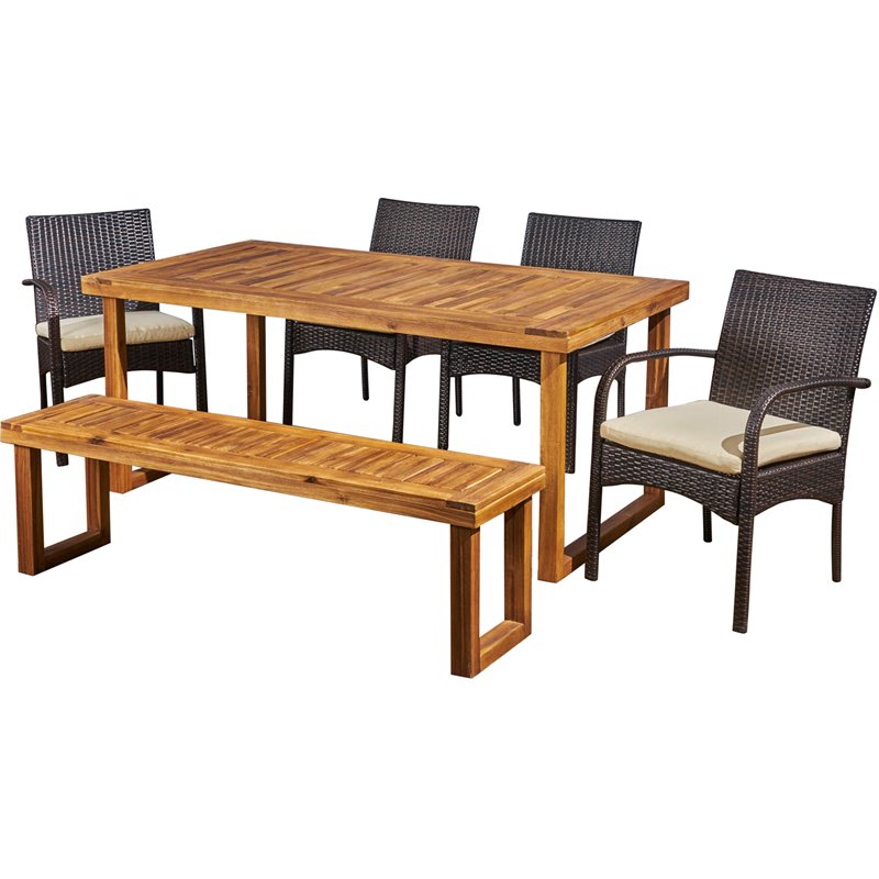 Noble House Stillwater 6 Piece Wood Top Patio Dining Set in Natural