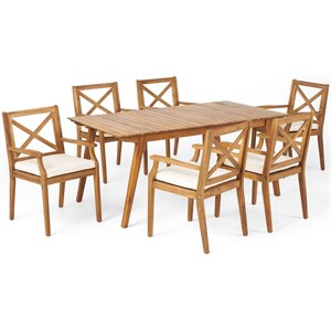 noble house mesa 7 piece wooden patio dining set in teak and cream