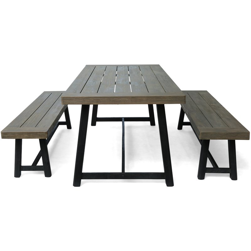 Noble House Raphael 3 Piece Wood Top Patio Picnic Set in Gray