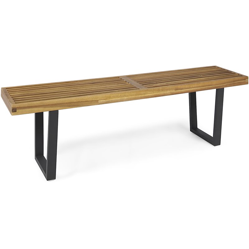 Noble House Fresno 61.75" Wood Top Patio Dining Bench in Teak and Black