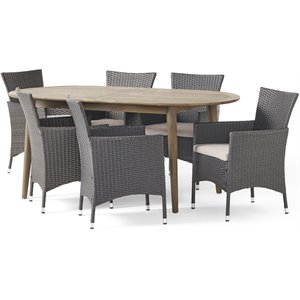 noble house stamford 7 piece wooden oval patio dining set in gray and silver