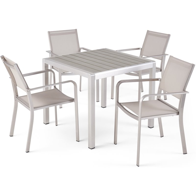 Noble House Boris 5 Piece Square Faux Wood Top Patio Dining Set in Silver