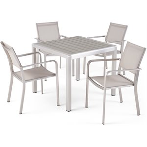 noble house boris 5 piece square faux wood top patio dining set in silver