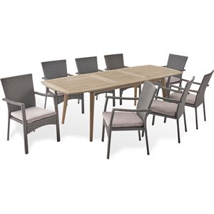 noble house amanda wooden expandable patio dining set in gray and gray