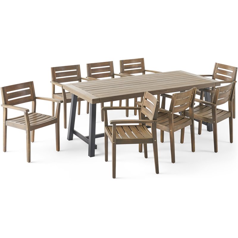 Noble House Balfour 9 Piece Wooden Patio Dining Set in Gray and Black