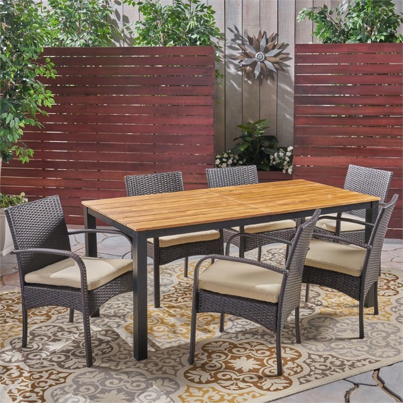 Noble House Ballard 7 Piece Wooden Patio Dining Set in Teak and Brown