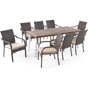 noble house fowler 9 piece wooden patio dining set in brown and white