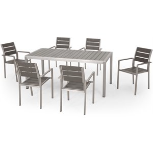 noble house cape coral 7 piece faux wood top patio dining set in gray and silver